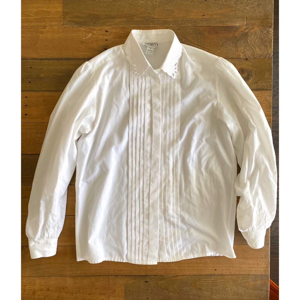 Vintage white button down tuxedo front blouse